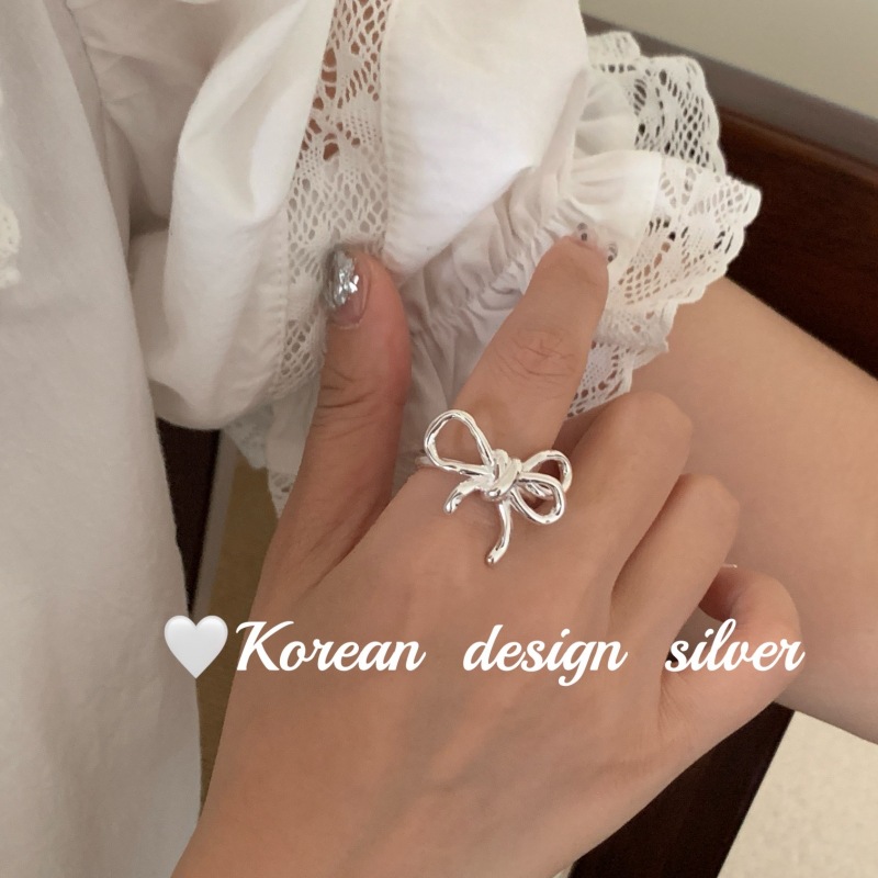 韓國重工亮銀飾品 S925純銀蝴蝶結線條時尚開口可調節戒指 女指環