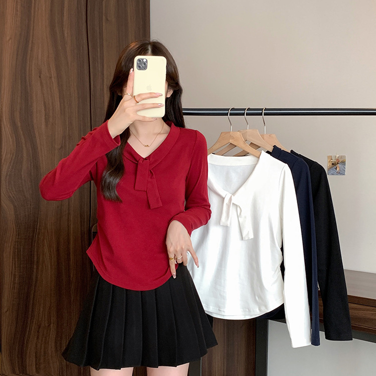 2025秋装新款胖mm大码女甜美时尚绑带弧形下摆收腰长袖内搭上衣|undefined