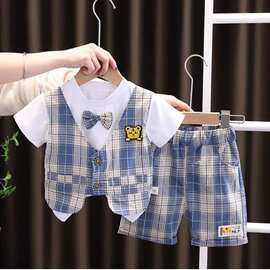 男童夏装西装夏季短袖套装宝宝新款假两件套儿童帅气洋气马甲衣服