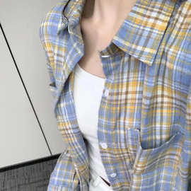 黄蓝格子衬衫女早秋磨毛上衣格纹衬衣男美式复古中性外套工厂批发