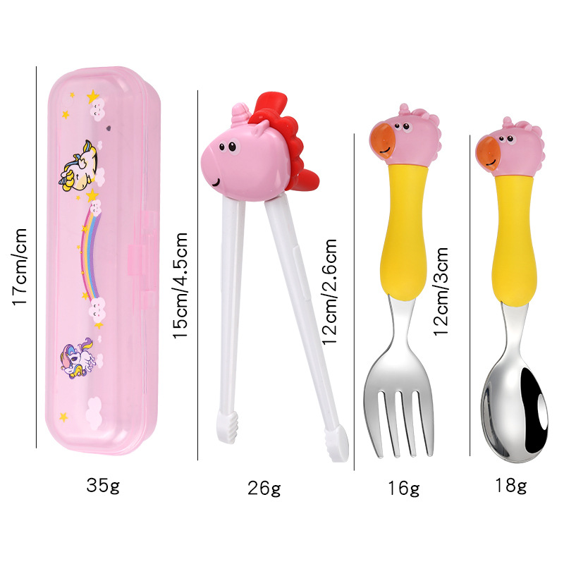 Unicorn spoon fork chopsticks+storage box [Pink yellow]
