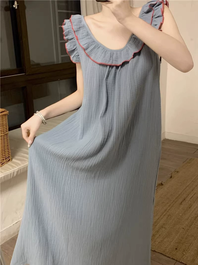 Summer Sleeveless Pajama Dress, Princess Style, Blue, Sizes M–XXL