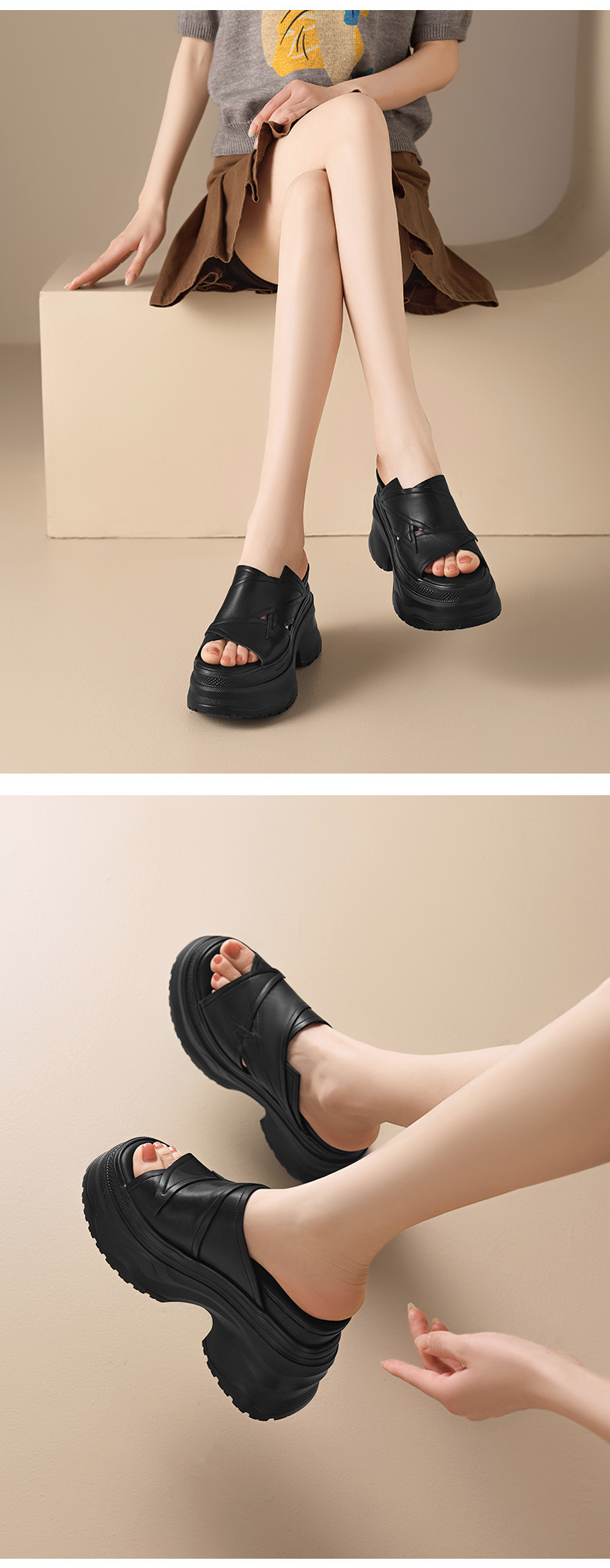 Dép sandal nữ quai ngang đế tăng 12 cm da bò mặt — màu đen, Trắng kem- chi tiết 6