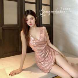 激情情趣内衣女性感交叉漏乳不规则露背连衣裙亮片深 V领吊带258