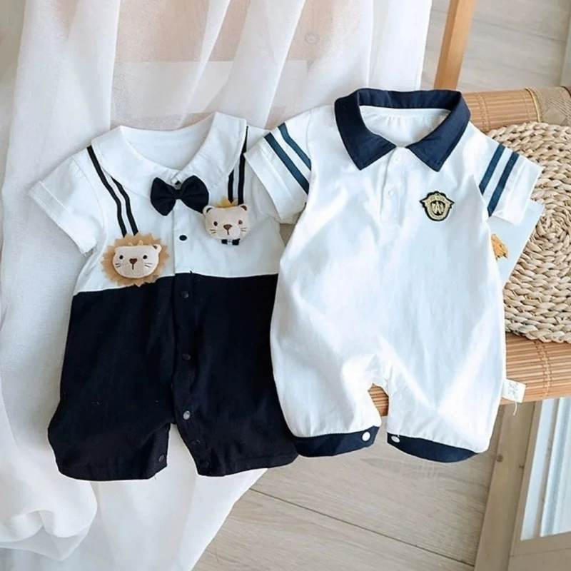 Детская летняя одежда, тонкое платье с короткими рукавами для годовалого ребенка, комбинезон из чистого хлопка, летняя одежда для джентльмена на месяц, одежда для ползания.