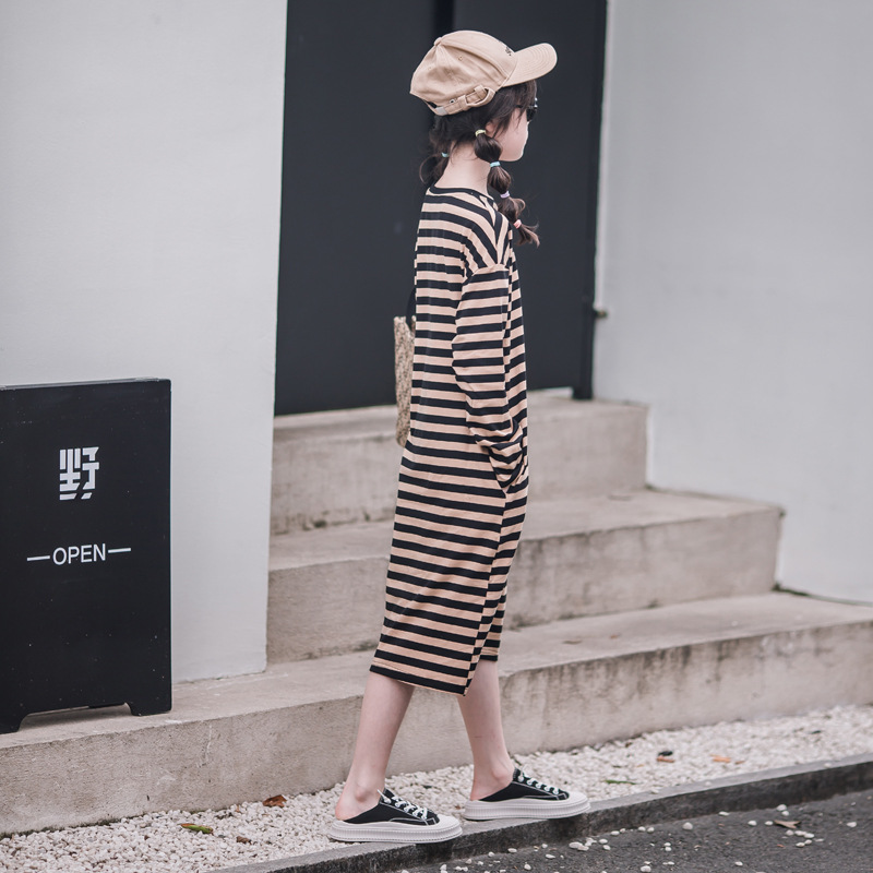 Vestido de rayas de algodón de moda de estilo coreano para niñas de primavera y otoño falda básica de fondo de manga larga para niños medianos y grandes