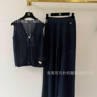 名媛风老钱气质针织V领无袖背心单排扣搭针织阔腿长裤女针织套装