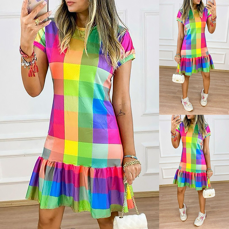 Plaid Contrast Color Printed Short Sleeve Crew Neck Dress display picture 2