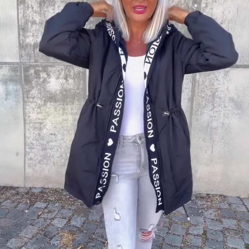 Cross-Border European and American Winter New Style Amazon Casual Hooded Drawstring Zipper Pocket Letter Cotton-Padded Jacket Women's Clothing