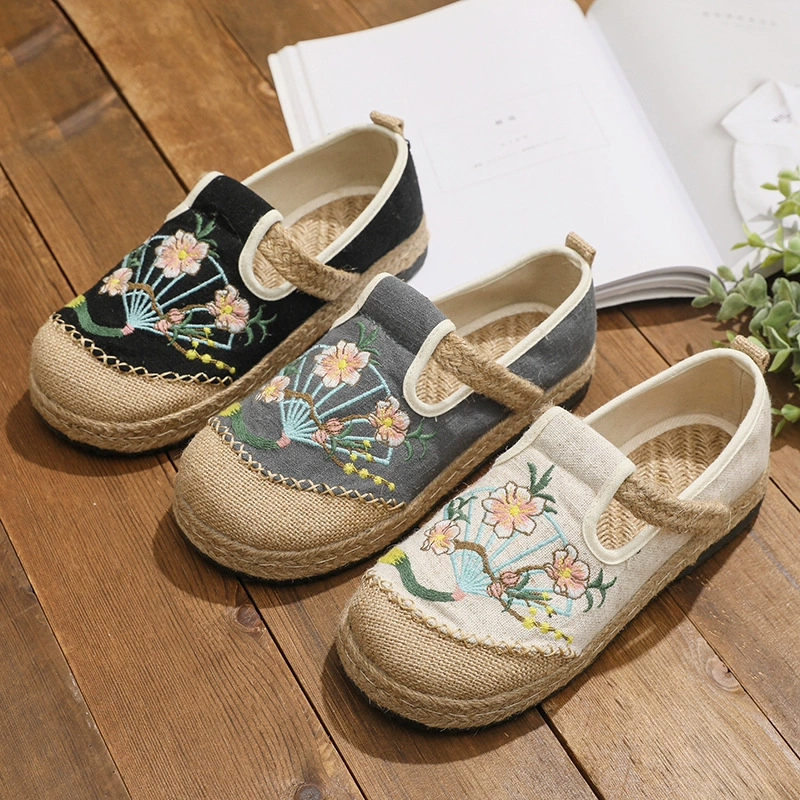 Женская старая пекинская обувь из ткани этнический стиль рыбацкая обувь женская толстая подошва ленивая обувь льняная тканая плоская вышивка