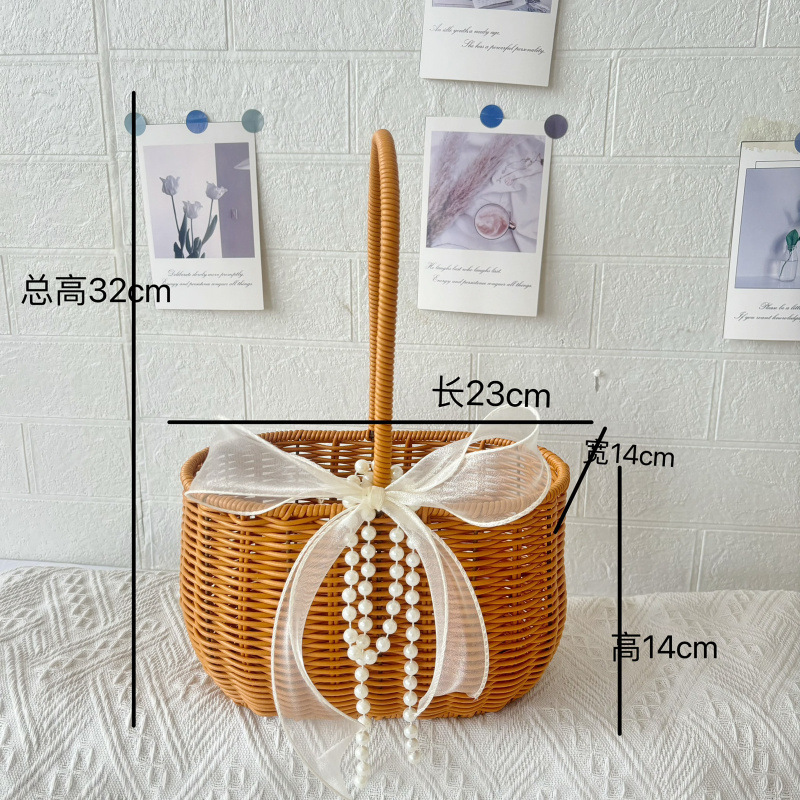 플라스틱 등나무 갈색 배불뚝이 꽃바구니 + 리본 + 꽃머드 + 진주