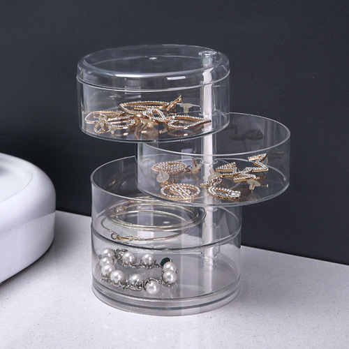 Multi-layer rotating transparent jewelry storage box for earrings, necklaces, hand jewelry, large-capacity plastic organizing and creative placement boxes