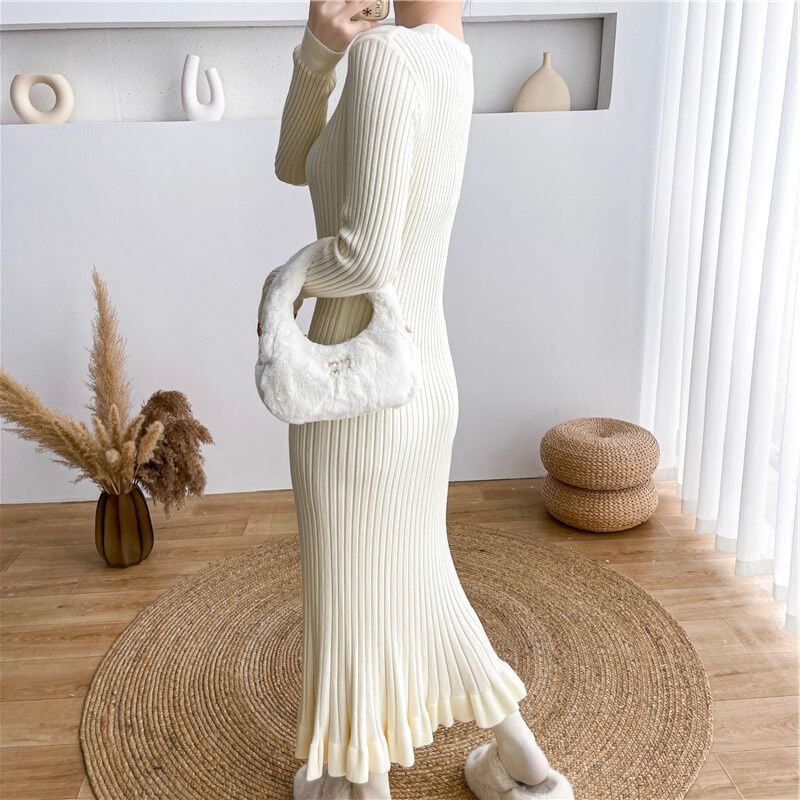 Knitted French Dress, Long-Sleeved Dress, Slim-Fitting Autumn and Winter Long Over-The-Knee New Slimming Fishtail Bottoming Long Skirt