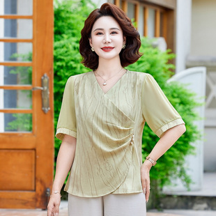 Ladieswear's Day Mom's Summer Short-Sleeved Chiffon Top 2025 New Middle-Aged and Old Women's Summer Style Age-Reducing T-Shirt