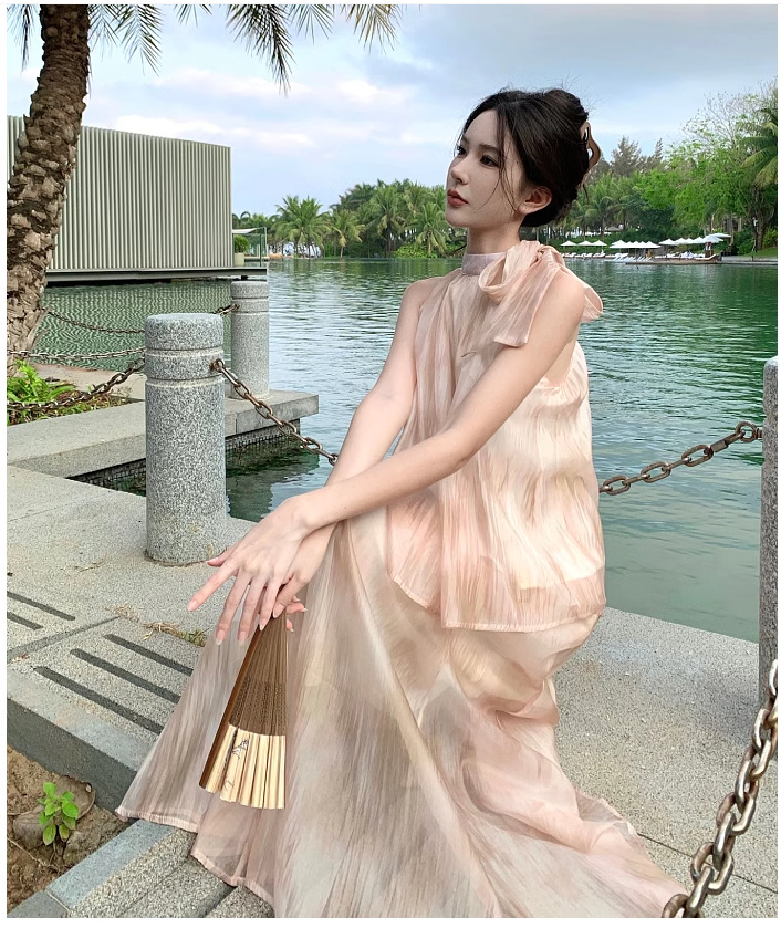 【中國直郵】 奢笛熊 新中式國風復古紮染油畫掛脖上衣 夏季高腰寬鬆半身裙 兩件套裝 M碼