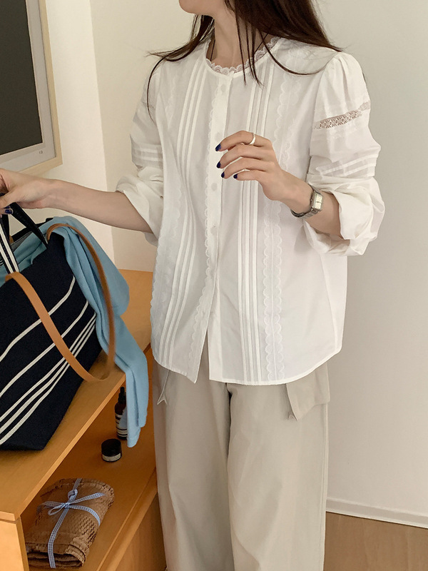 法式蕾丝拼接设计圆领长袖衬衫女秋季新款韩系宽松显瘦气质上衣|undefined