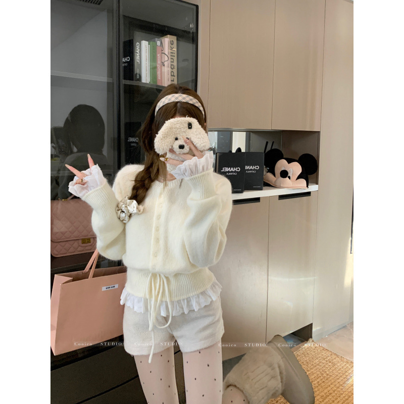 高级感时尚气质设计感蕾丝拼接系带毛衣毛织针织衫长袖女装工厂|undefined