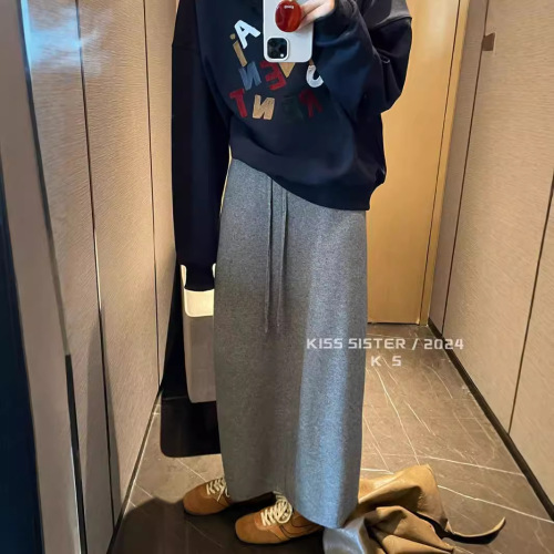 Waist-cinching knit half skirt, slimming, solid color, versatile, large swing A-line long dress, cashmere dress