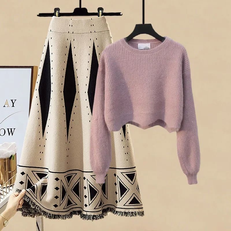 Women's Clothing women's autumn suits for women new style age reducing wavy edge short sweater slim skirt two piece suit_voghion.com