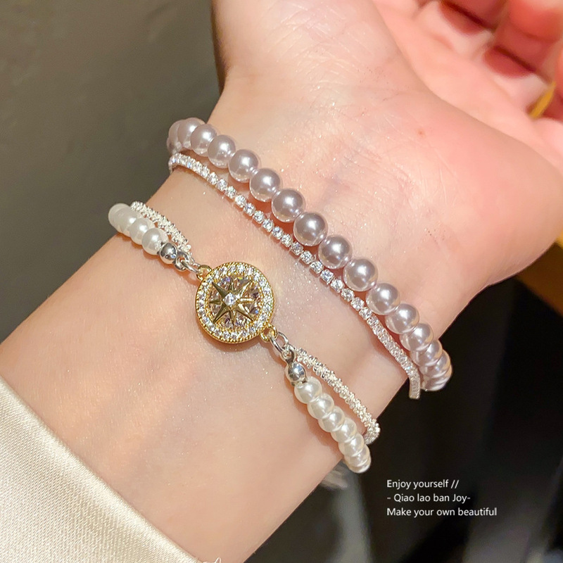 18K Real Gold Electroplated Zircon Heart Pearl Bracelet for Women, High-End Fashion Bracelet, French Retro Versatile Hand Jewelry