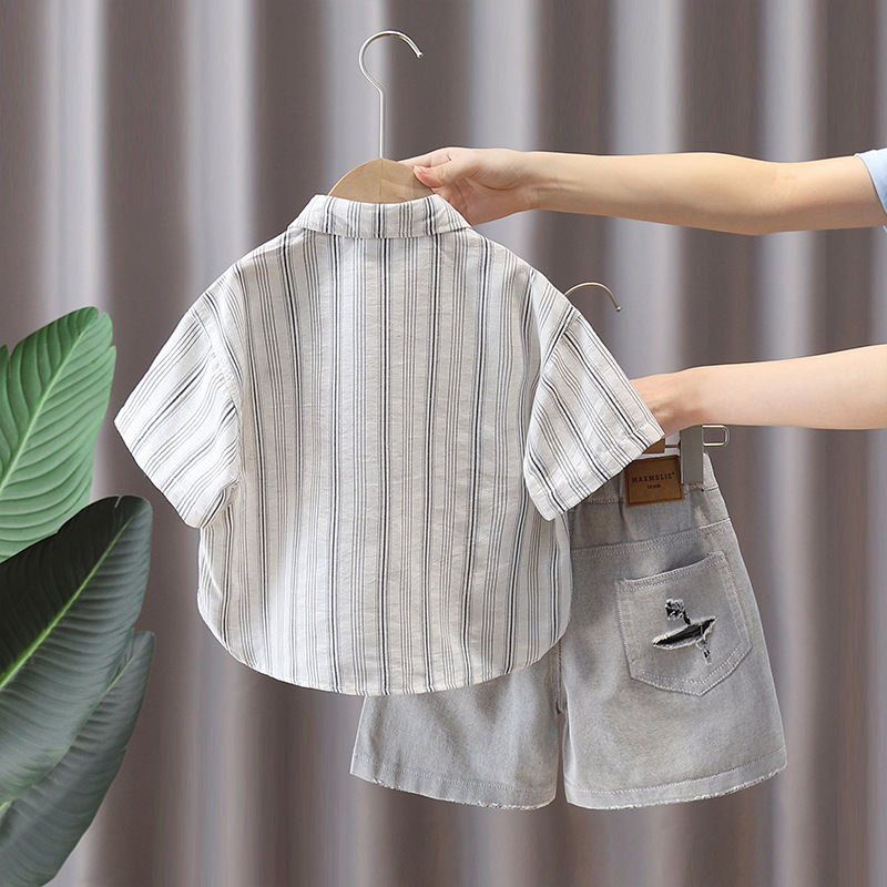 7367 Traje de camisa para niños Camisa a rayas de manga corta delgada de verano para niños 2025 nuevo traje de verano de dos piezas de verano
