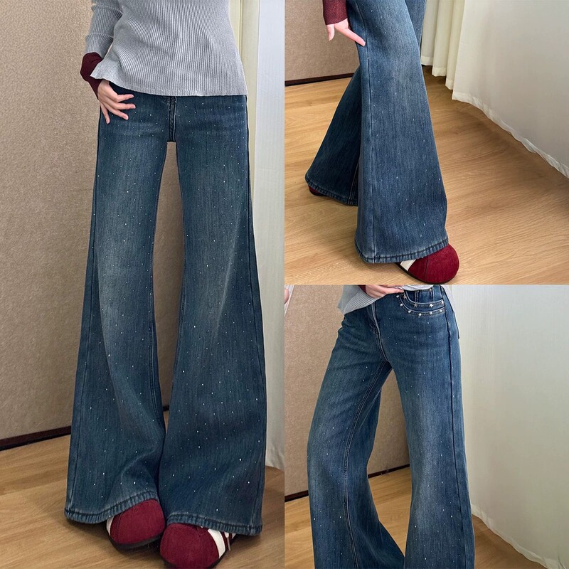 Star-Patterned Rhinestone Flared Jeans for Women, Plus Size, Summer New High-Waisted Slimming Non-Tight Flared Pants Star-Patterned Rhinestone Flared Jeans for Women, Plus Size, Summer New High-Waisted Slimming Non-Tight Flared Pants