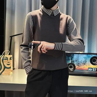 Ge Hua Autumn and Winter Fashion Brand Fake Two-piece Striped Sweater Men's Korean Style Slim-fit Fashion Shirt Collar Casual Base Knitted