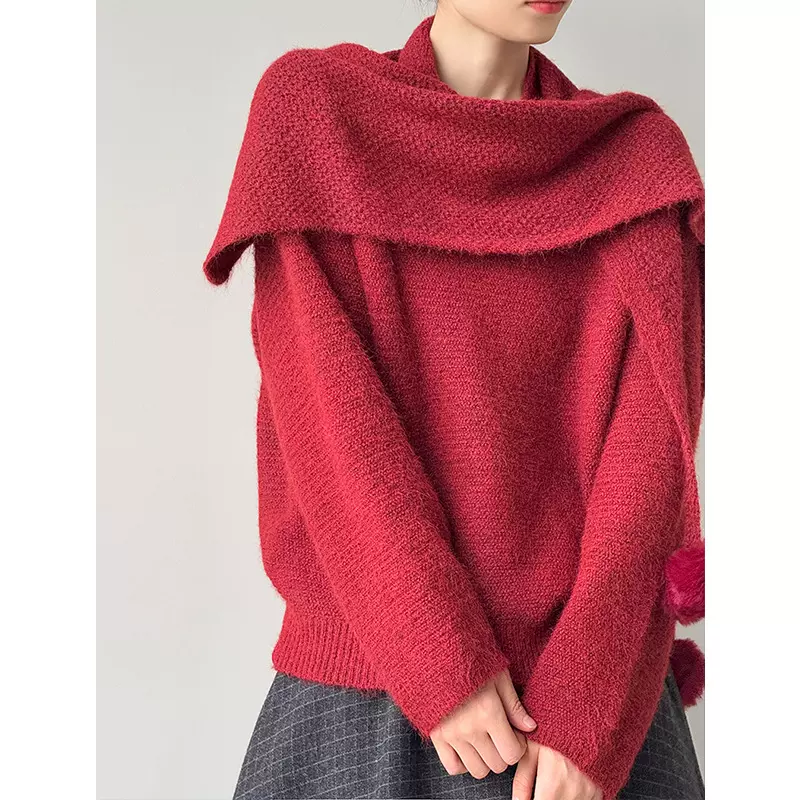 橘芷冬季温柔慵懒风针织衫女宽松氛围感百搭大围巾套头毛衣女2529
