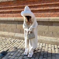 大码毛毛领长款麻花毛衣外套慵懒风秋冬宽松加厚连帽针织开衫大衣