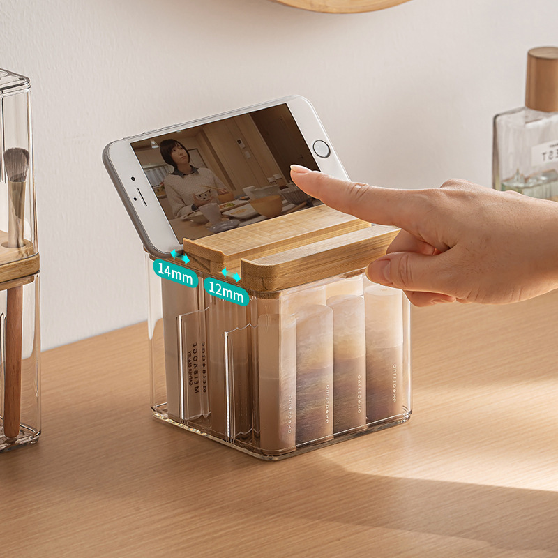 Caja de almacenamiento transparente de escritorio, cosméticos de escritorio, cepillo de maquillaje, caja de almacenamiento de madera, lápiz labial, estante de maquillaje