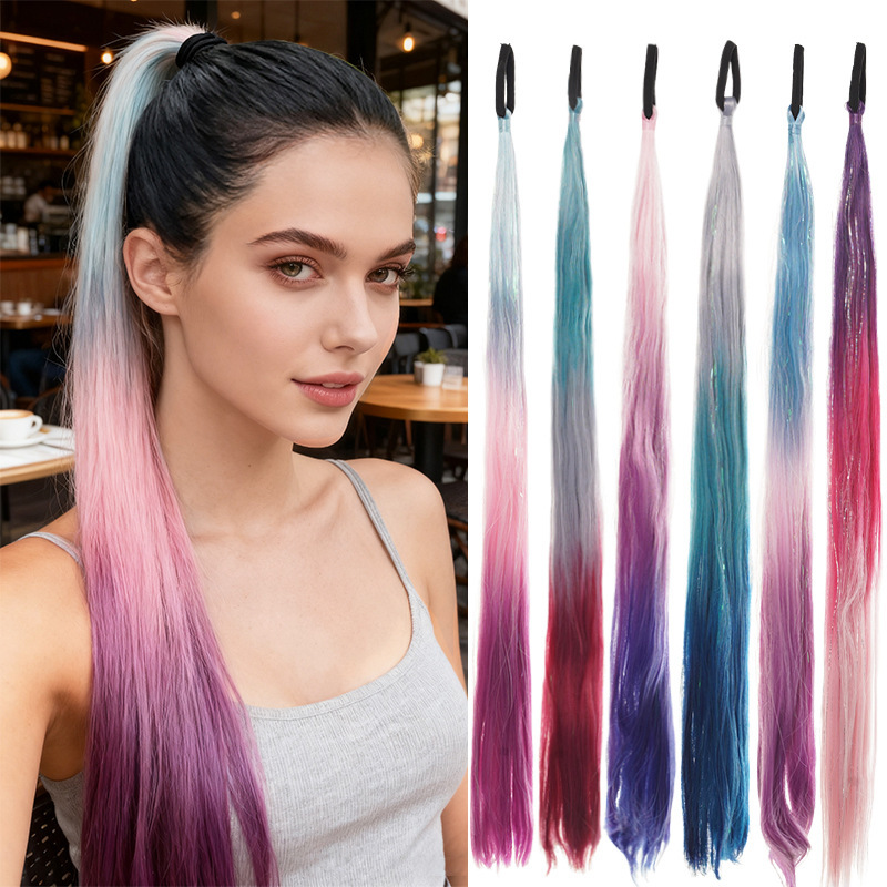 Wig Ponytail Hair Extensions 28inch Synthetic Fiber Christmas Colorful Gradient Highlights Laser Silk Braided Hair Dreadlocks Straight Hair Ponytail for Women