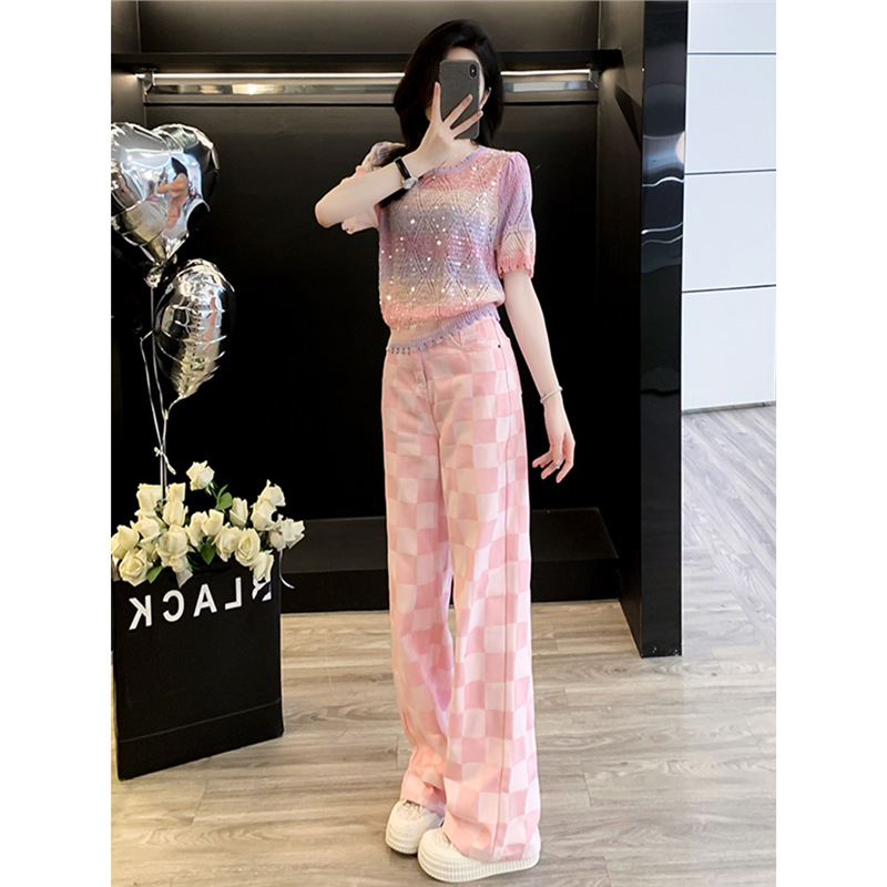 핑크 캐주얼 스포츠 세트 여자 여름 2025 뉴 에이지 감소 반팔 체크 데님 와이드 레그 바지 투피스 세트