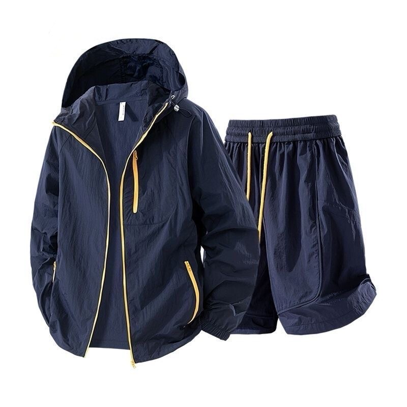 Ice Silk Sun Protection Clothing Set for Men, Summer Thin Lightweight Outdoor Sun Protection Clothing Paired with Casual Shorts Two-Piece Set for Women