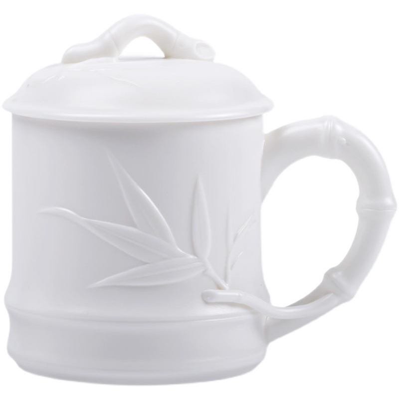 Winjiang en relieve de porcelana blanca Oficina Taza de cerámica con tapa Presidente taza de agua Aniversario de negocios taza de té Dehua