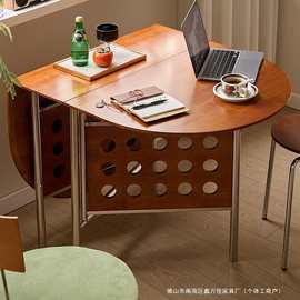 实木可折叠岩板餐桌椭圆形饭桌中古风家用小户型伸缩餐桌家用桌