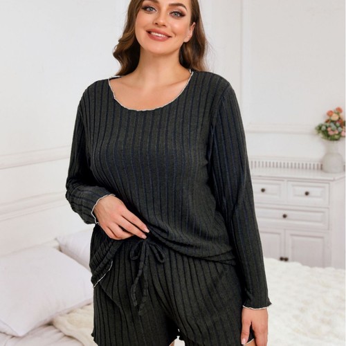 Ladies' Homecoming Set with Striped Long-Sleeve Shorts - Autumn/Winter Outfit for Plus Size Women - Versatile and Comfortable - Available on Amazon, Temu, and Shein Independent Stores