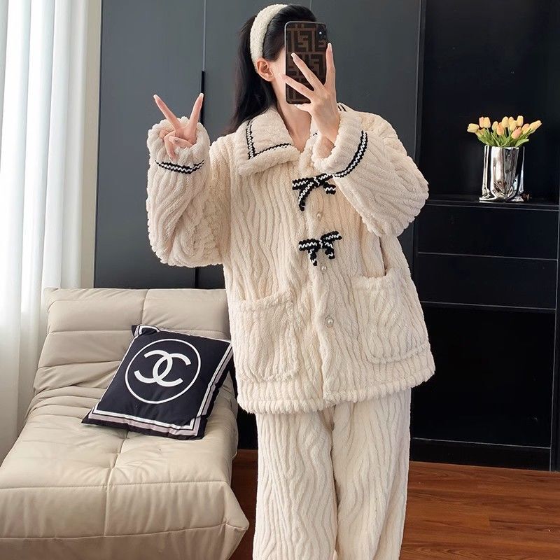Bowknot Coral Fleece Pajamas for Women, Winter High-End Thickened Fleece Loungewear, Flannel Sweet Cardigan Set