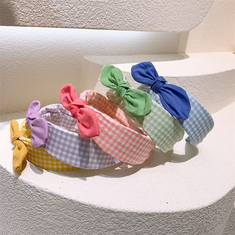 韓版兒童格子布藝寬邊發箍小清新蝴蝶結兔耳朵頭箍小女孩頭飾發卡
