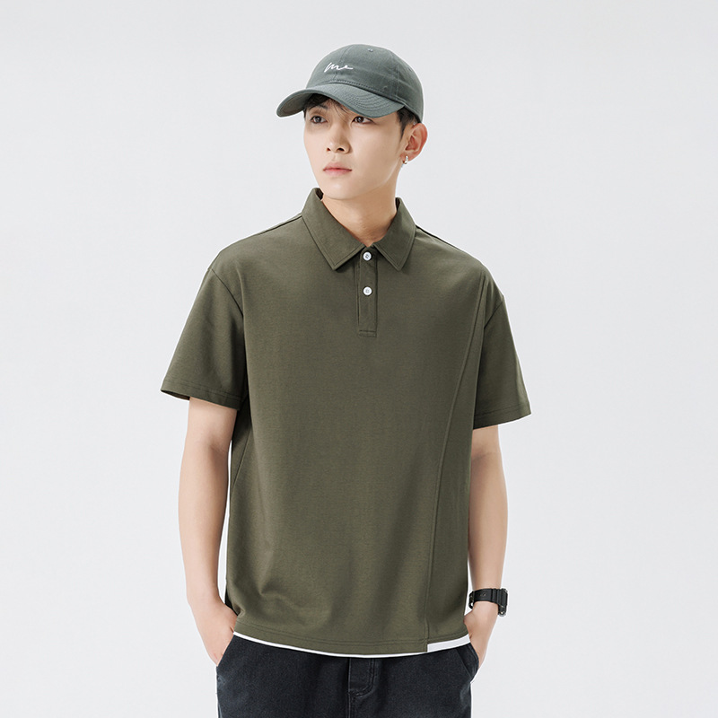 Men's Cotton Polo Shirt Short Sleeve 2026 Summer Loose Versatile Young and Middle-Aged Men's Faux Two-Piece Top Trendy
