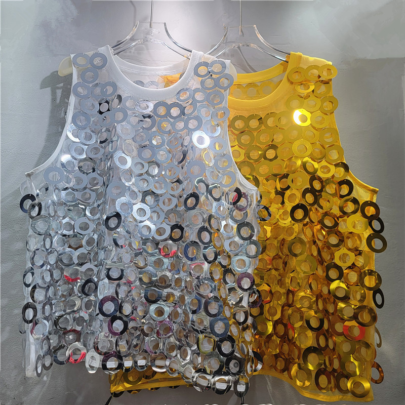 Europa y América nueva moda brillante gran chaqueta bordada blusa de malla temperamento francés delgado chaleco sin mangas para mujeres
