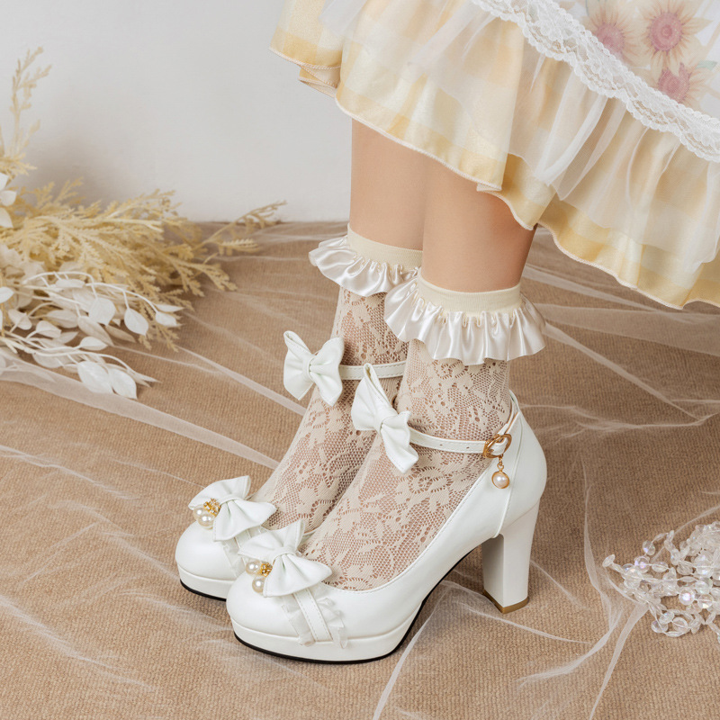 2025新款甜美蝴蝶结蕾丝花公主鞋浅口粗跟单鞋32-43大码鞋外贸鞋