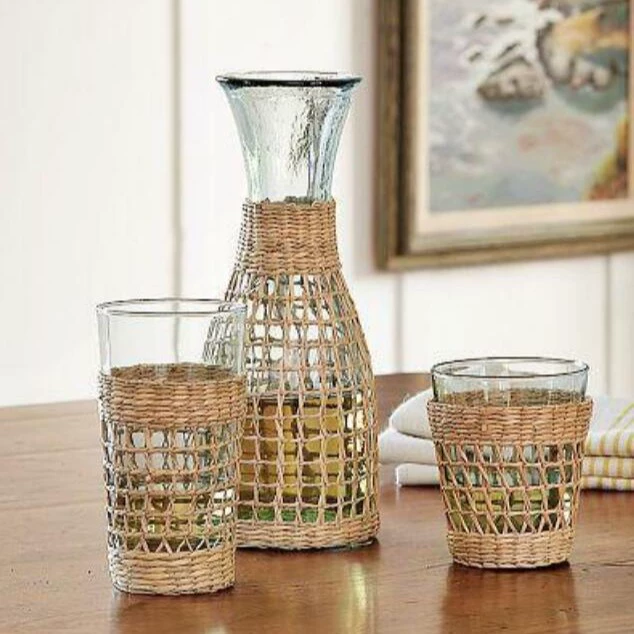 Оптовая продажа наборов декоративных ваз из стекла с плетением из соломы для трансграничной внешней торговли, украшения для гостиной и рабочего стола, креативные вазы для сухоцветов