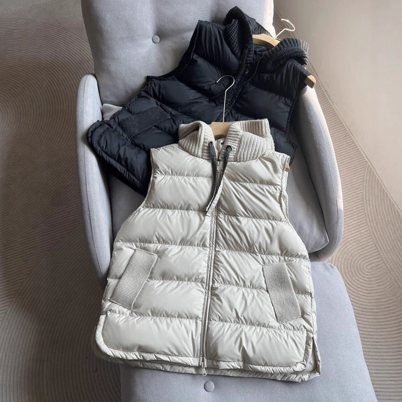 Down Jacket Vest for Women with Hood, Knitted Patchwork, Fashionable Casual Sleeveless Jacket, White Duck Down, Versatile Short Style