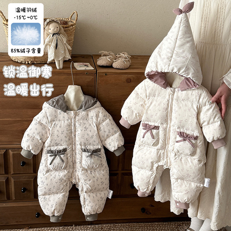 女童冬装羽绒连体衣婴儿连帽哈衣90白鸭绒女宝宝洋气保暖爬服 a类