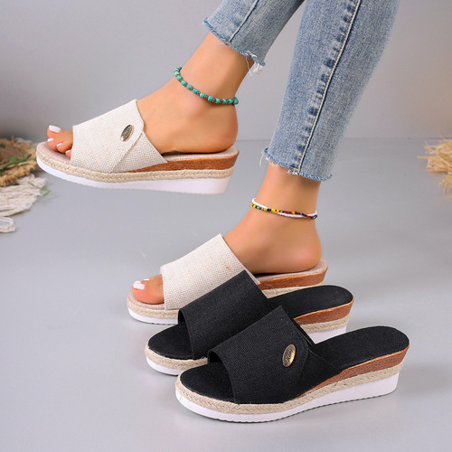 Summer New Fabric Wedge Slippers, Plus-Size Thick-Soled Jute Strap Sandals, Women's Wholesale European and American Style Flip-Flops