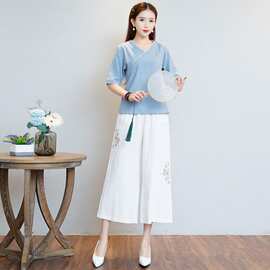 2022夏新款女装复古文艺中式棉麻短袖上衣宽松休闲禅意茶服采耳服
