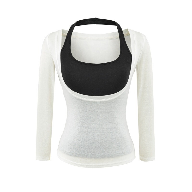 Korean Style Spicy Girl Halter Neck Black Tube Top with Chest Pads Layered with Low-Neck Long-Sleeve T-Shirt Cover-Up Two-Piece Set for Women Korean Style Spicy Girl Halter Neck Black Tube Top with Chest Pads Layered with Low-Neck Long-Sleeve T-Shirt Cover-Up Two-Piece Set for Women