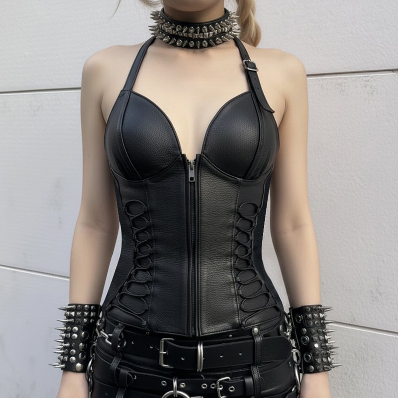 Amazon European and American Dark Street Style Sexy Hot Girl Halterneck Suspender Women's Zipper Waist Design Leather Top Amazon European and American Dark Street Style Sexy Hot Girl Halterneck Suspender Women's Zipper Waist Design Leather Top