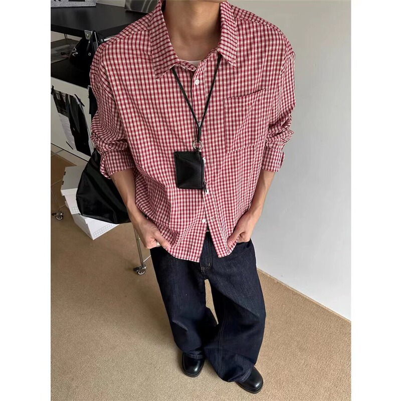 American Retro Plaid Shirt with Lapel Collar, Unisex Long-Sleeve Loose Fit, Patchwork Design Shirt, 2026 Spring/Summer Jacket