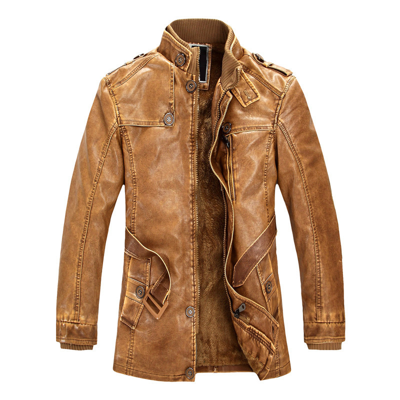 Comercio exterior 2022 otoño y invierno nuevo hombre medio largo casual chaqueta de cuero pu cuello cinturón delgado chaqueta joven